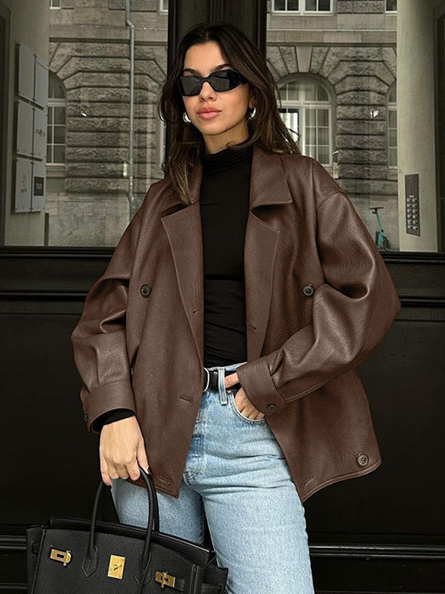 COFFEE LEATHER COAT